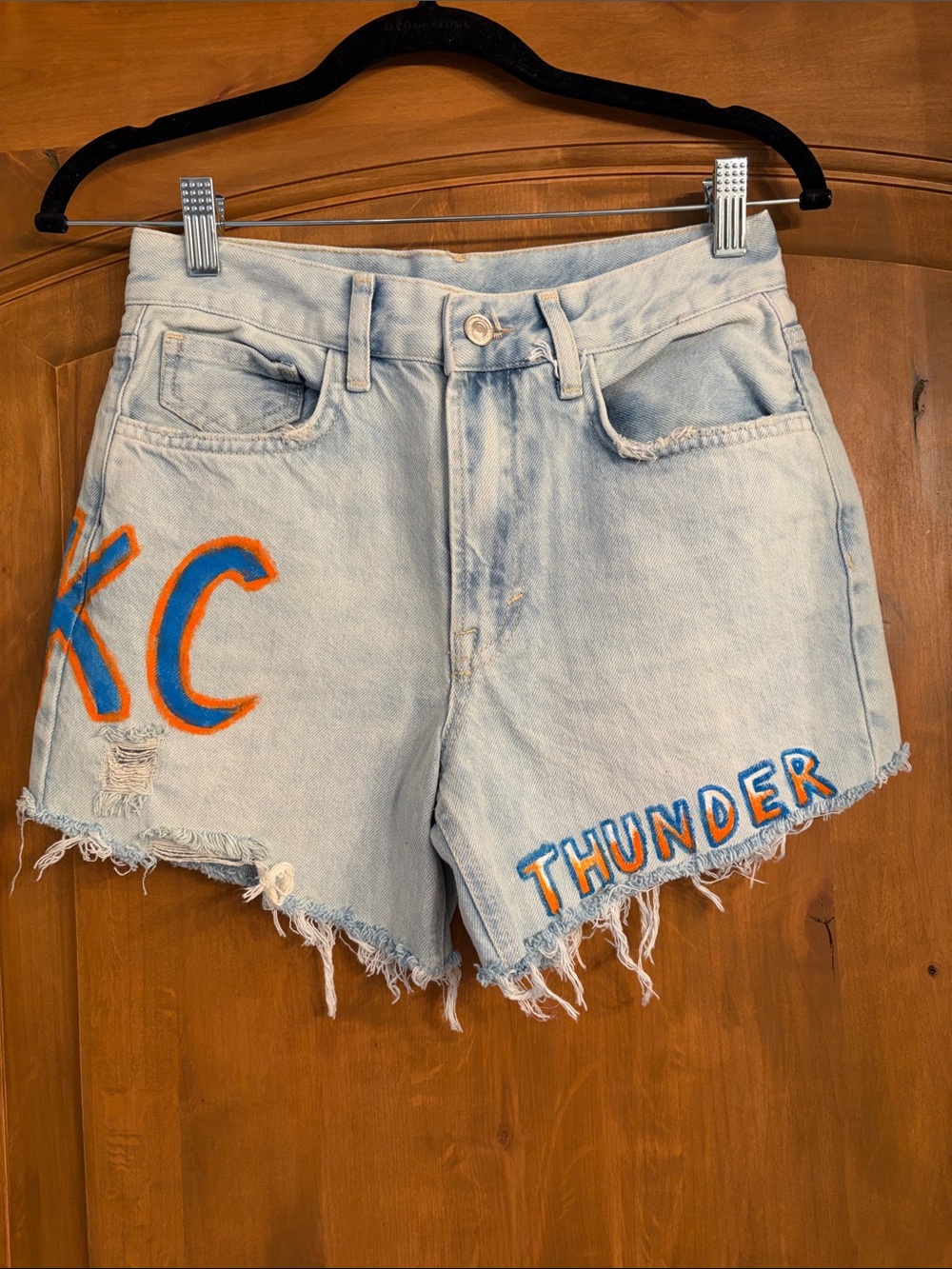 Light Wash Denim Women’s Shorts with Orange & Blue 'Thunder' Accent